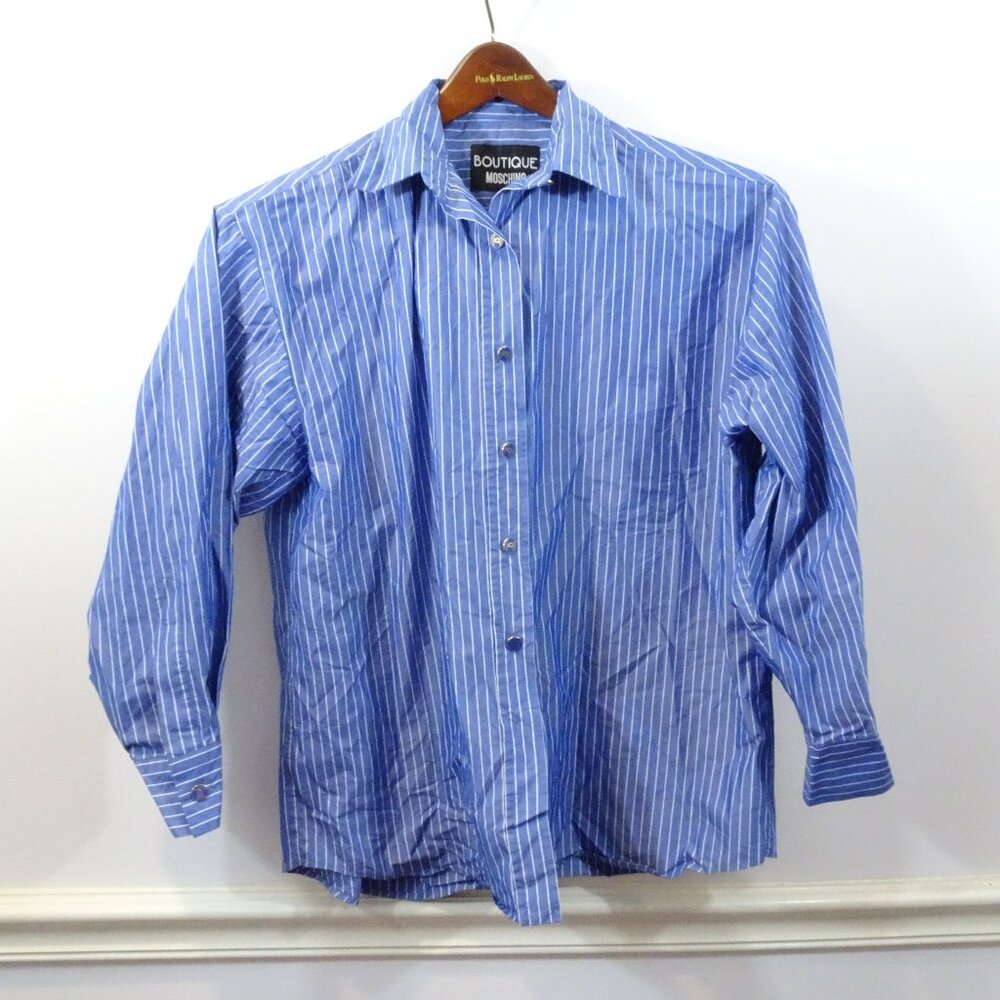 Boutique Moschino Blue White Striped Button Front Blouse Size 4 Made in Italy